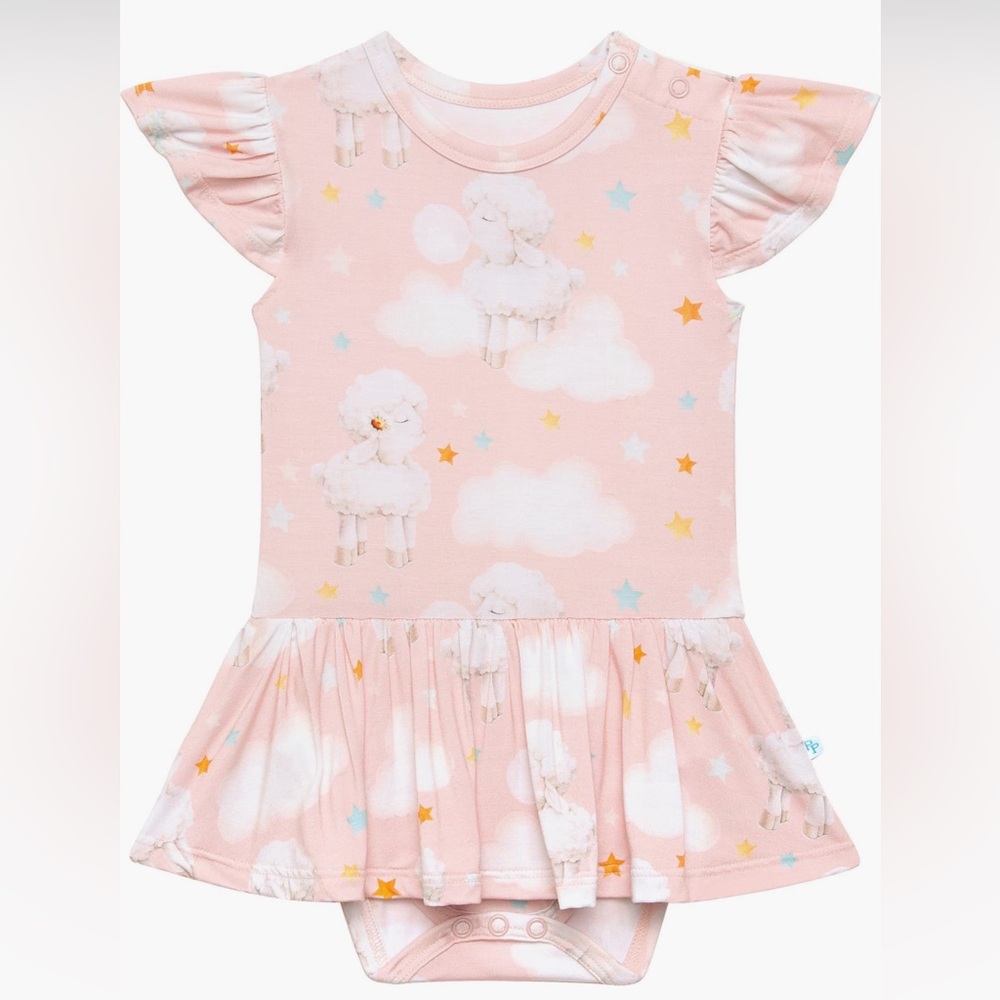 LIKE NEW Posh Penut Mary Ruffles Cap Sleeve Lamb Cloud Print Bodysuit 6-12 Mo